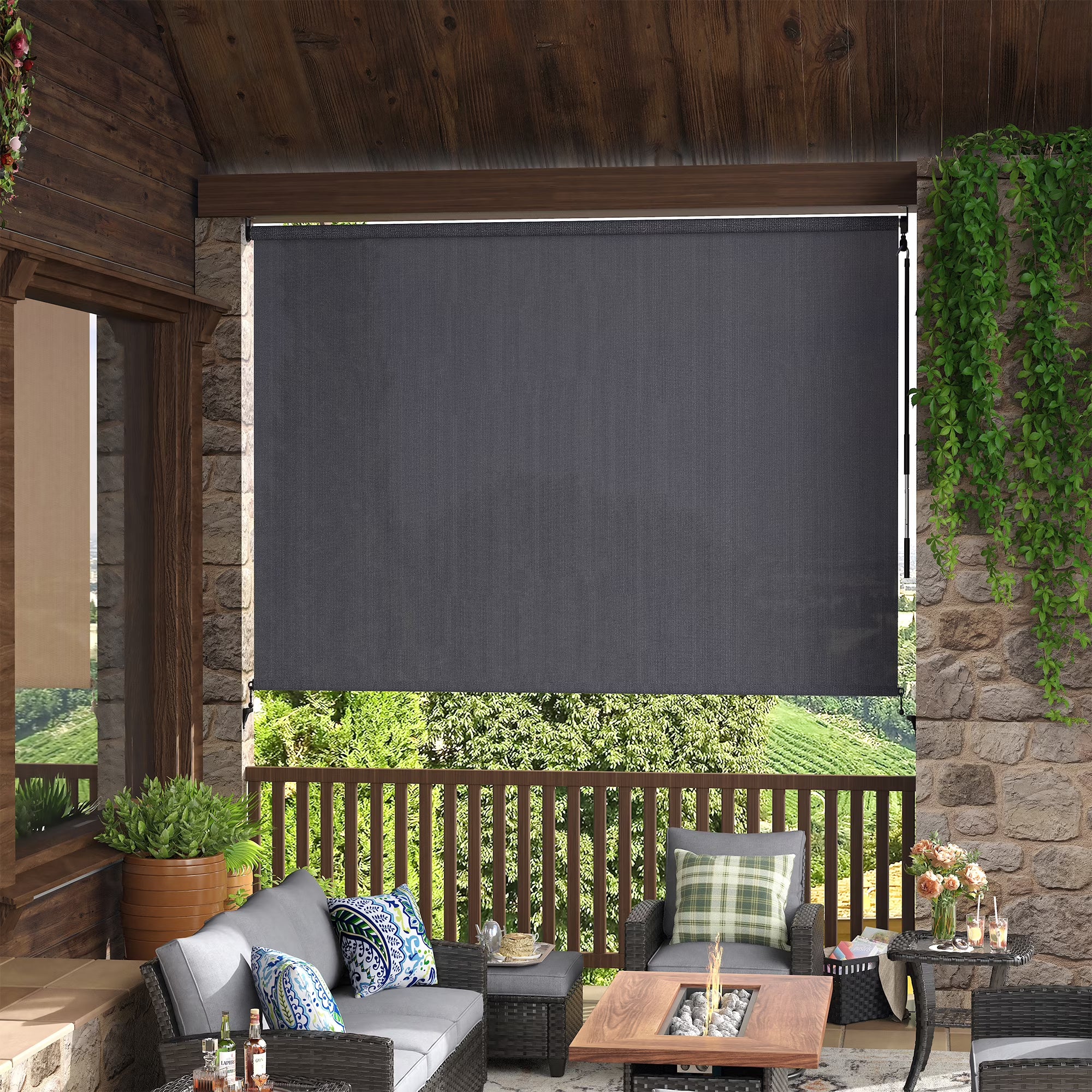 VOXBIN  Outdoor Roller Shades, Crank Operated Roll Up Patio Sun Shades, Porch Balcony Sun Blocking Window Blind
