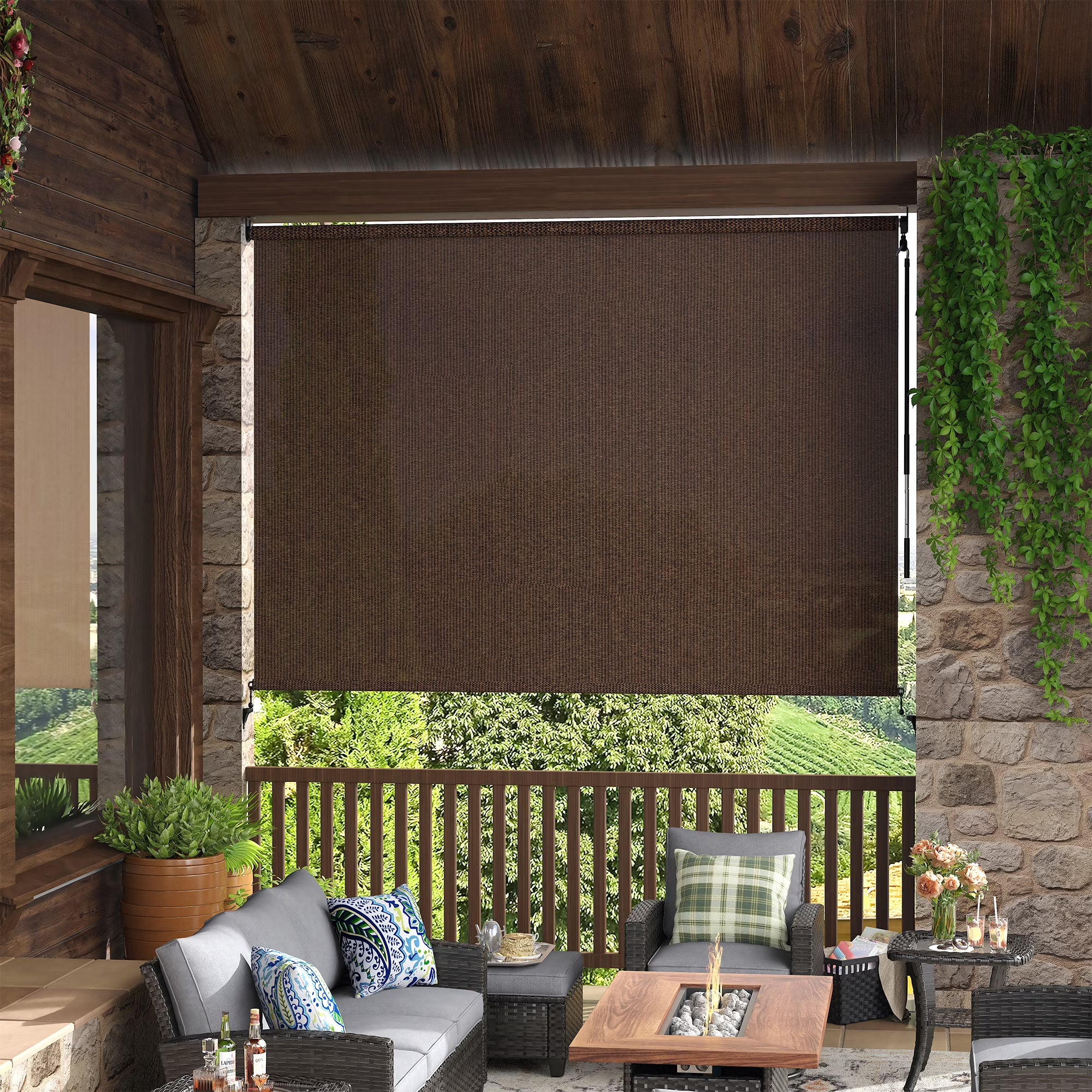 VOXBIN  Outdoor Roller Shades, Crank Operated Roll Up Patio Sun Shades, Porch Balcony Sun Blocking Window Blind