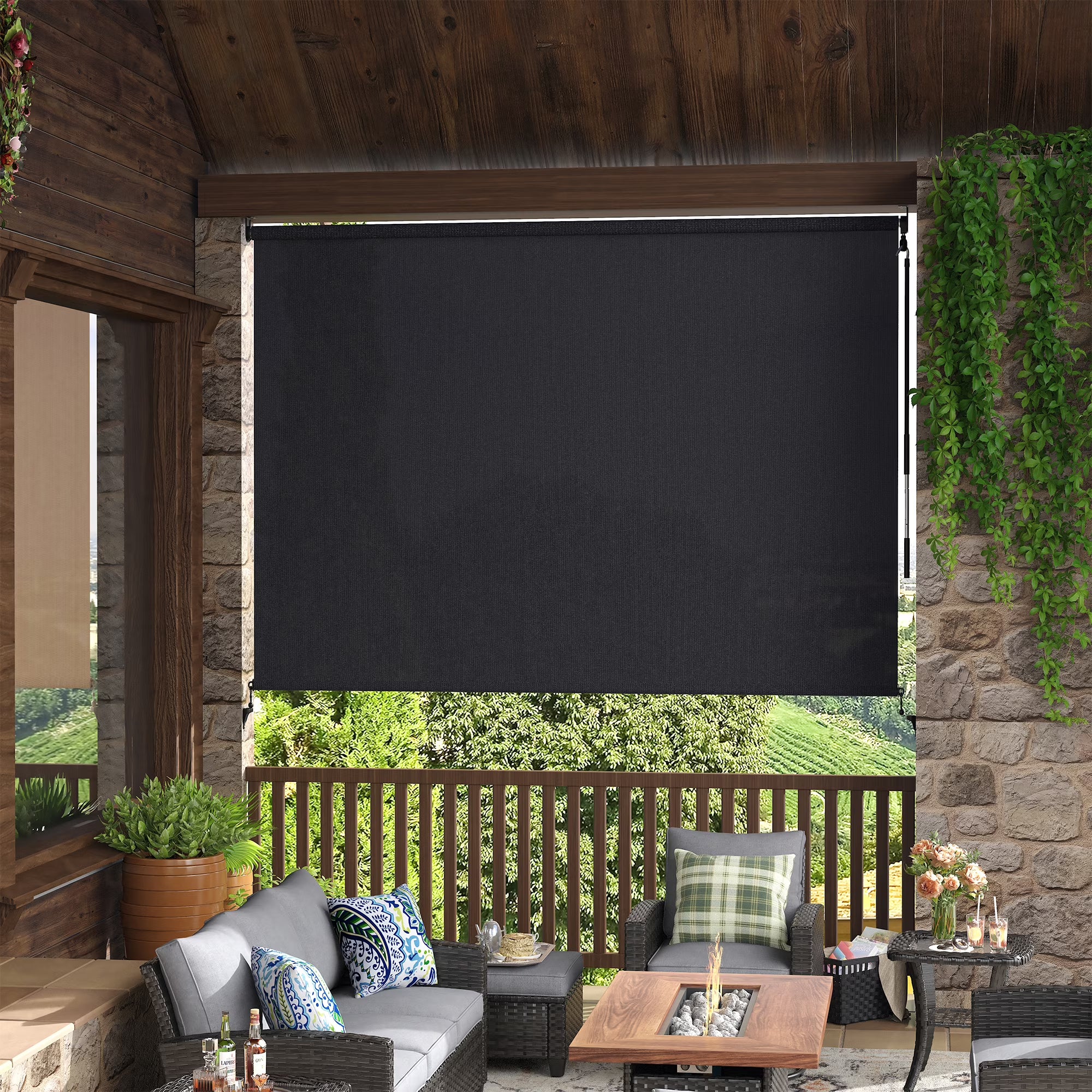 VOXBIN  Outdoor Roller Shades, Crank Operated Roll Up Patio Sun Shades, Porch Balcony Sun Blocking Window Blind