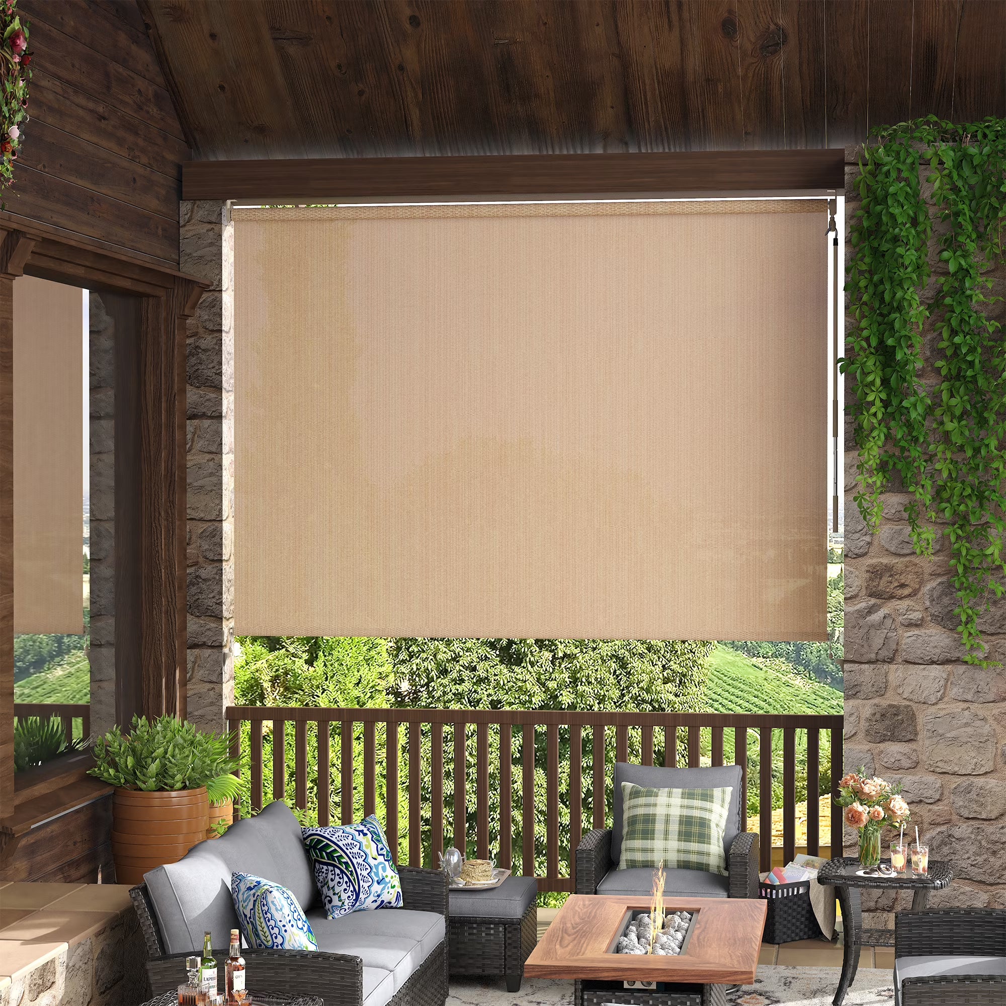 VOXBIN  Outdoor Roller Shades, Crank Operated Roll Up Patio Sun Shades, Porch Balcony Sun Blocking Window Blind